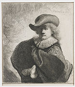 Rembrandt with round hat and embroidered coat. (1631, Rijksmuseum Amsterdam).