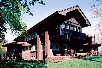 Overhangs of the Harold C. Bradley House, Madison, WI, by Louis Sullivan and George Grant Elmslie representative of Prairie School architecture.