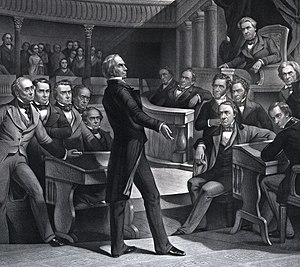 An engraving of Henry Clay speaking in the Old Senate Chamber with Fillmore seated in the upper right