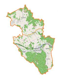 Mapa konturowa gminy Janowice Wielkie, blisko centrum na lewo znajduje się punkt z opisem „Trzcińsko”