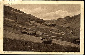 Der Durannapass und das Seehorn (rechts) von Fondei aus gesehen, Ansichtskarte von 1928