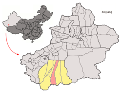 Location of the county in Hotan Prefecture (yellow) and Xinjiang