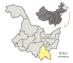 Location of Mudanjiang City (yellow) in Heilongjiang (light gray)
