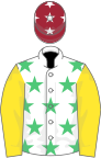 White, emerald green stars, yellow sleeves, maroon cap, white stars