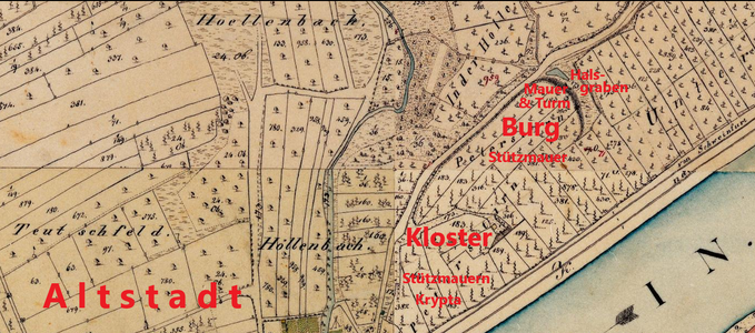 Main mit Peterstirn und den abgegangenen Orten: Altstadt (auf Karte nur östlicher Bereich), Benediktinerkloster und Alte Reichsburg, mit Überresten und Fundorten, eingetragen auf einer Karte aus dem 19. Jahrhundert. Die Lage der Markgrafenburg ist unklar (bei Kloster oder Reichsburg)