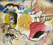 Wassily Kandinsky, Improvisation 27 (Garden of Love II), 1912, oil on canvas, 47+3⁄8 in × 55+1⁄4 in (1,200 mm × 1,400 mm), The Metropolitan Museum of Art, New York
