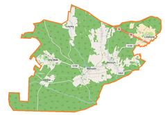 Mapa konturowa gminy Wymiarki, u góry znajduje się punkt z opisem „Lutynka”