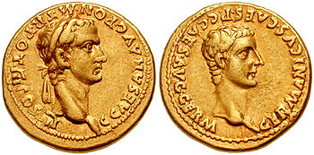 Aureus des Caligula aus dem Jahr 40, auf der Rückseite sein Vater Germanicus