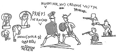 Graffito[43] mit Dipinti – „Fan“-Darstellung von Gladiatorenkämpfen