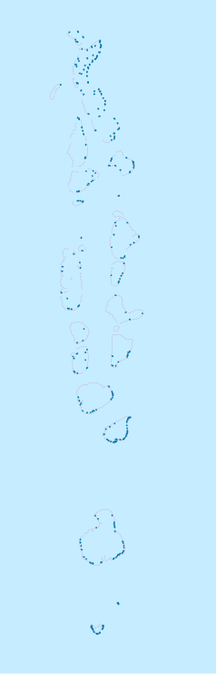 Mapa konturowa Malediwów, blisko centrum u góry znajduje się punkt z opisem „National Library of Maldives”