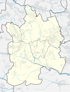 Mapa konturowa powiatu mikołowskiego, w centrum znajduje się czarny trójkącik z opisem „Hałda Skalny”