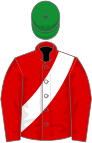 Red, white sash, green cap