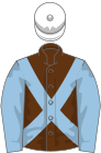 Brown, light blue cross belts and sleeves, white cap