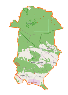 Mapa konturowa gminy Gromadka, po prawej nieco na dole znajduje się punkt z opisem „Parafia greckokatolicka Opieki Matki Bożej w Patoce”