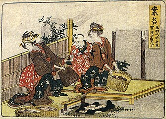 Women baking hamaguri clams, print by Hokusai