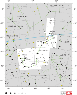 Akrep takımyıldızı'nın sınırlarını ve yıldızların konumlarını gösteren diyagram