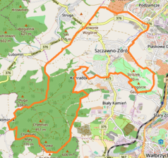 Mapa konturowa Szczawna-Zdroju, u góry nieco na prawo znajduje się punkt z opisem „Szczawno Śląskie Zdrój”