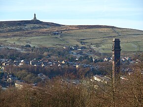 Summer outdoor scene, showing town in foreground with snowy moors with the tower on the horizon