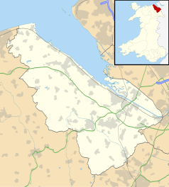 Mapa konturowa Flintshire, blisko centrum na dole znajduje się punkt z opisem „Mold”