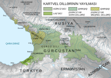 Güney Kafkasya bölgesinde konuşulan dillerin renkli alanlarla gösterildiği harita