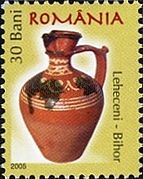 Stamp of Romania from 2005, showing pottery from Leheceni