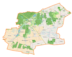 Mapa konturowa gminy Żmudź, na dole nieco na lewo znajduje się punkt z opisem „Wólka Leszczańska”