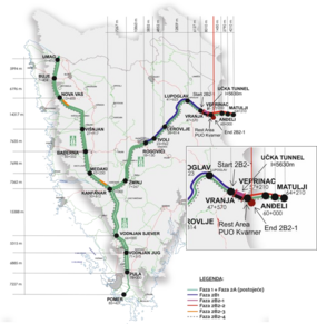 Geographical illustration of the Bina-Istra Istrian-Y network, with the phases for upgrades overlaid