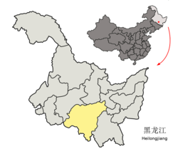 Location of Harbin City (yellow) in Heilongjiang (light grey)