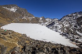 Aerial view of Gosaikunda Lake in winter