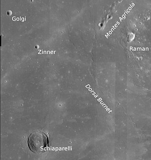 Golgi (links oben) und Dorsa Burnet (LROC-WAC)