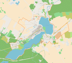 Mapa konturowa Drawna, w centrum znajduje się punkt z opisem „Zamek w Drawnie”