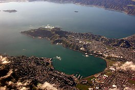 Aerial view of Evans Bay and the north half of the Miramar peninsula