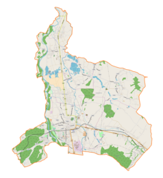 Mapa konturowa gminy Kęty, blisko centrum na dole znajduje się punkt z opisem „Kościół pw. Świętych Małgorzaty i Katarzyny w Kętach”