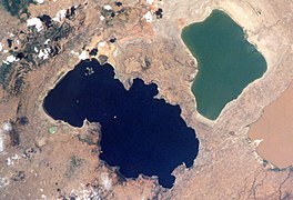 A satellite image of two lakes