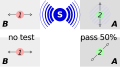 Consider the more general case in which the photon 2 is passed through a filter polarized at 45°. In this case, photon 2 will pass through 1/2 of the time and end up polarized at 45°, and it will fail to pass the other 1/2. Photon 1 has not been tested and therefore remains horizontally polarized.