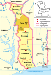 Harta regiunii Kara în cadrul Togo