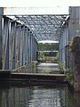 Two barriers are extended across the Bridgewater Canal before the bridge is swung. Here the inner barrier is only extended part way.