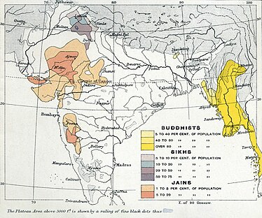 Përqindjet e budistëve, sikhëve dhe xhainistëve sipas distrikteve, 1901.