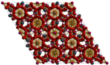 View down the c-axis of taranakite (four unit cells visible). Aluminum is shown in grey, phosphorous purple, oxygen red, and potassium green. Structural parameters taken from http://rruff.geo.arizona.edu/AMS/minerals/Taranakite (based on S. Dick, U. Goßner, A. Weiß, C. Robl, G. Großmann, G. Ohms, T. Zeiske (1998). "Taranakite — the mineral with the longest crystallographic axis". Inorg. Chim. Acta 269 (1): 47–57) doi:10.1016/S0020-1693(97)05781-2