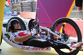 De Zwitserse Ursula Schwaller tijdens de Paralympische Spelen 2012 in Londen