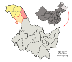 Huma County (red) in Daxing'anling Prefecture (yellow) and Heilongjiang