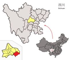 Location of Jianyang City (red) within Chengdu City (yellow) and Sichuan