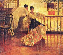 1895 painting of a Filipina in traditional traje de mestiza dress