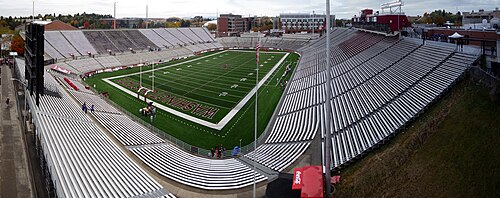 A 2008 panoramic view of Martin Stadium, home of Washington State University's football team in Pullman, Washington, United States. It is the most isolated stadium in big-time college football.