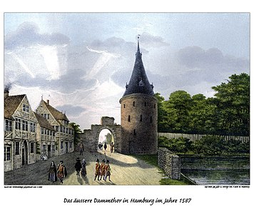 Das alte Dammtor am Alsterdamm mit „Isern Hinnerk“, um 1587 (Illustration: Gebrüder Suhr, frühes 19. Jh.)