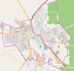 Mapa konturowa Dobrego Miasta, w centrum znajduje się punkt z opisem „Parafia Najświętszego Zbawiciela i Wszystkich Świętych”