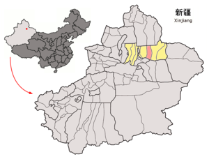 Jimisar İlçesi'nin Sincan Uygur Özerk Bölgesideki konumu (pembe)
