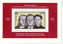 A Commemorative stamp honouring Arvid Harnack, Harro Schulze-Boysen and John Sieg, from the GDR, 1983