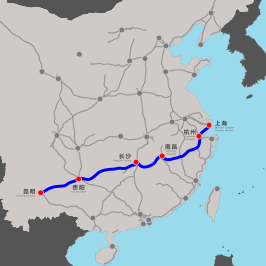 Netwerkkaart van de Hogesnelheidslijn Shanghai-Kunming Hukun hogesnelheidslijn