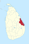 Area map of Batticaloa District, located along the east by north coast, in the Eastern Province of Sri Lanka